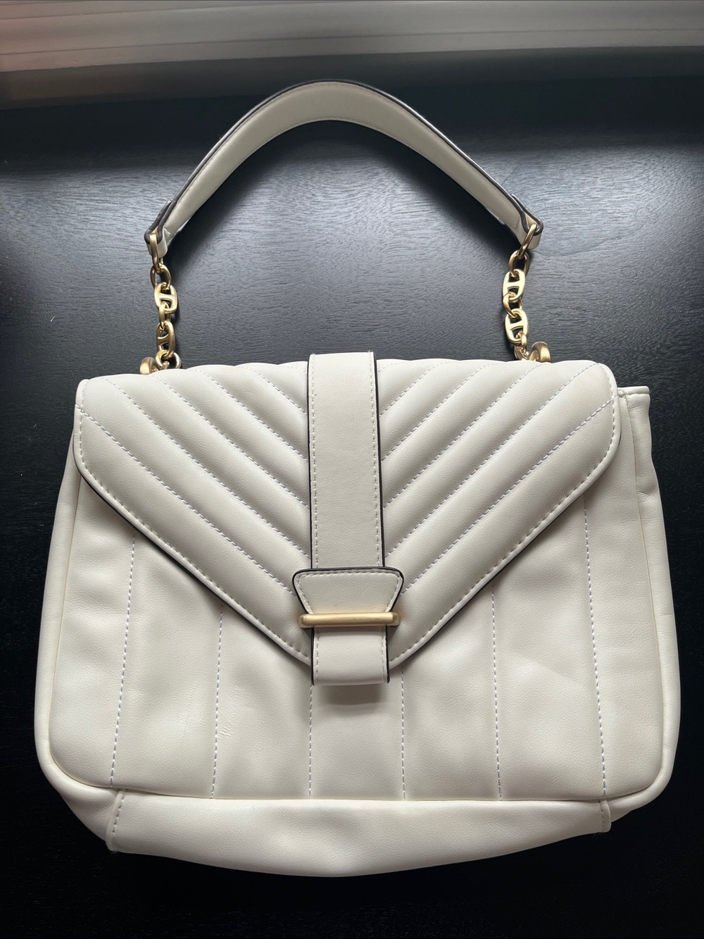 Source Unknown Cream Quilted Top-Handle Shoulder Bag with Gold Hardware